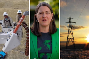 PG&E employees on site, PG&E CEO Patti Poppe, and a utility tower.